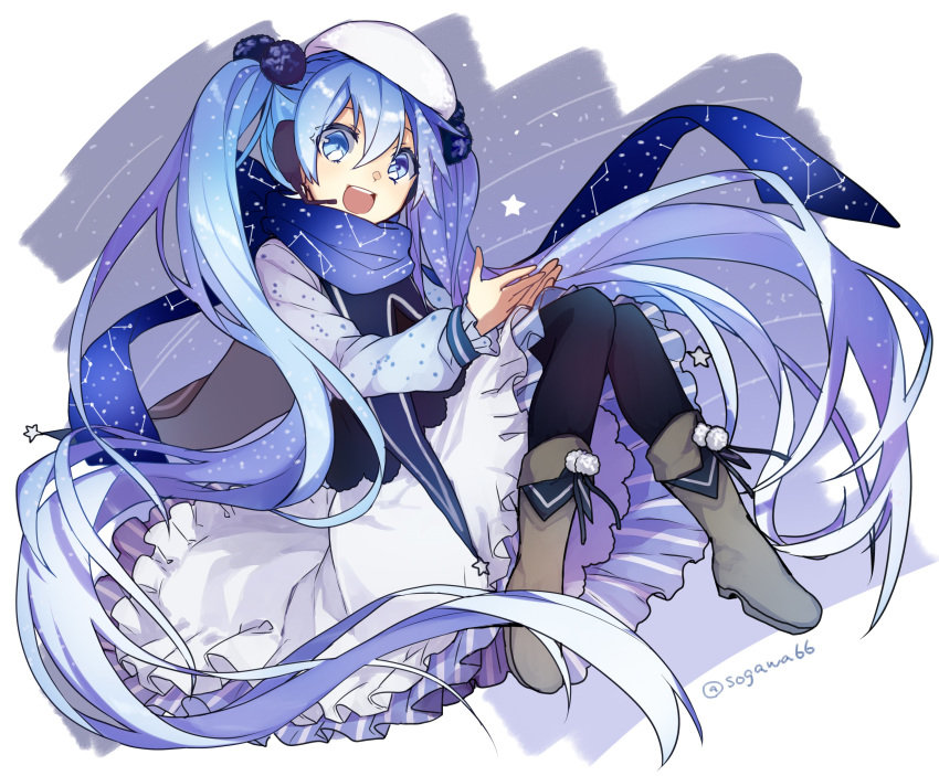 1girl absurdres blue_eyes blue_hair boots constellation dress hat hatsune_miku headset highres long_hair looking_at_viewer open_mouth pantyhose scarf sogawa solo twintails twitter_username very_long_hair vocaloid yuki_miku