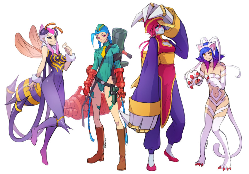 4girls bee_girl cammy_white cammy_white_(cosplay) cat_girl claws cosplay english_commentary evelynn felicia felicia_(cosplay) full_body gatling_gun insect_girl jinx_(league_of_legends) league_of_legends lei_lei lei_lei_(cosplay) minigun multiple_girls neeko_(league_of_legends) q-bee q-bee_(cosplay) rocket_launcher street_fighter tail vampire_(game) vi_(league_of_legends) vmat weapon
