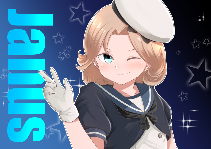 1girl bangs black_neckwear blonde_hair blue_background blue_eyes blue_sailor_collar character_name dress gloves gradient gradient_background hat highres janus_(kantai_collection) kantai_collection looking_at_viewer one_eye_closed parted_bangs sailor_collar sailor_dress sailor_hat short_hair solo tiger_(tiger-kimu) upper_body white_dress white_gloves white_headwear