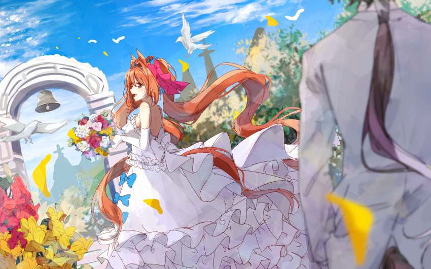 2girls :d absurdly_long_hair animal_ears arch bell bird blue_bow blue_sky blush bouquet bow breasts brown_hair clouds commentary_request daiwa_scarlet_(umamusume) day dress elbow_gloves flower frilled_dress frills gloves hair_bow highres horse_ears horse_girl horse_tail jacket large_breasts long_dress long_hair looking_back multiple_girls ninjin_nouka open_mouth outdoors petals ponytail purple_bow sky sleeveless sleeveless_dress smile spaghetti_strap tail tiara umamusume very_long_hair vodka_(umamusume) wedding wedding_dress white_bow white_dress white_gloves white_jacket