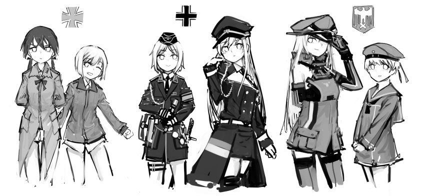 6+girls aiguillette armband balkenkreuz bismarck_(kantai_collection) coat country_connection cowboy_shot cropped_legs erica_hartmann garrison_cap gertrud_barkhorn girls_frontline greyscale hand_on_headwear hat highres iron_cross jacket kantai_collection long_hair long_sleeves military military_uniform monochrome mp40_(girls_frontline) multiple_girls peaked_cap rampart1028 short_hair simple_background stg44_(girls_frontline) strike_witches thigh-highs twintails uniform white_background world_witches_series z1_leberecht_maass_(kantai_collection)