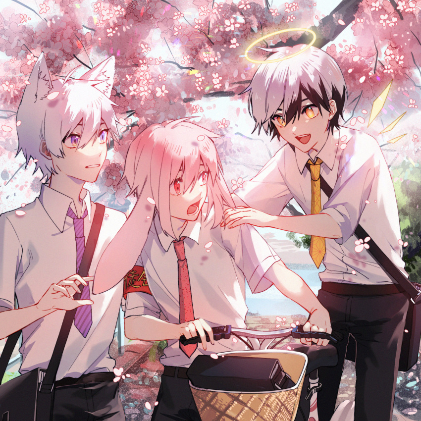 3boys adnachiel_(arknights) animal_ears ansel_(arknights) arknights bicycle bicycle_basket blue_eyes commentary_request ground_vehicle halo highres long_sleeves multiple_boys namazuouko necktie outdoors rabbit_ears red_eyes short_hair steward_(arknights) tree yellow_eyes