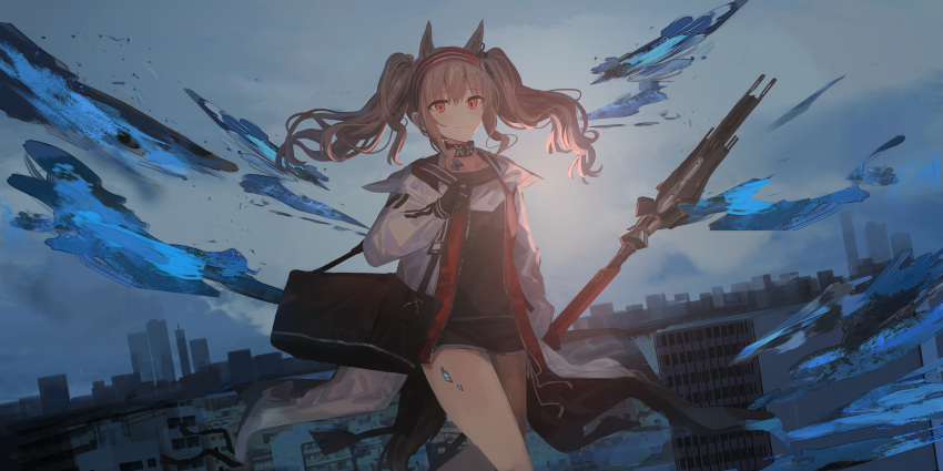 1girl absurdres angelina_(arknights) animal_ears arknights bag black_gloves black_shirt black_skirt brown_hair building chihuri cityscape closed_mouth commentary_request gloves hairband highres holding holding_weapon jacket long_hair long_sleeves looking_at_viewer open_clothes open_jacket outdoors red_eyes red_hairband shirt sidelocks skirt sky skyscraper smile solo standing striped striped_hairband twintails weapon white_jacket