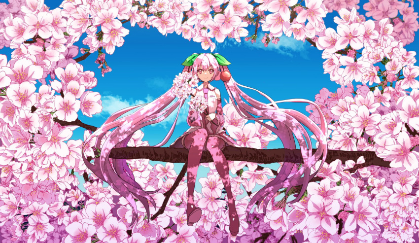 1girl bare_shoulders blue_sky boots branch cherry cherry_blossoms cherry_hair_ornament commentary dappled_sunlight day detached_sleeves floral_background flower food food_themed_hair_ornament fruit hair_ornament hatsune_miku heart highres holding_branch in_tree leaf light_smile long_hair looking_at_viewer macha_3939 miniskirt necktie outdoors pink_eyes pink_flower pink_hair pink_legwear pink_neckwear pink_skirt pink_sleeves pleated_skirt sakura_miku shirt sitting sitting_in_tree sitting_on_branch skirt sky sleeveless sleeveless_shirt solo sunlight thigh-highs thigh_boots tree twintails very_long_hair vocaloid white_shirt wide_shot