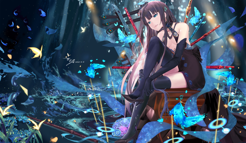 1girl absurdres artist_request bangs bare_shoulders black_dress black_footwear black_gloves black_legwear blue_eyes blunt_bangs blush breasts bug bun_cover butterfly center_opening dress elbow_gloves fate/grand_order fate_(series) fish flute gloves grass hair_bun hair_ornament halo high_heels highres insect instrument knee_up leaf_hair_ornament long_hair looking_at_viewer medium_breasts parted_lips petals pipa_(instrument) purple_hair sash side_bun sitting smile thigh-highs thighs very_long_hair yang_guifei_(fate/grand_order)