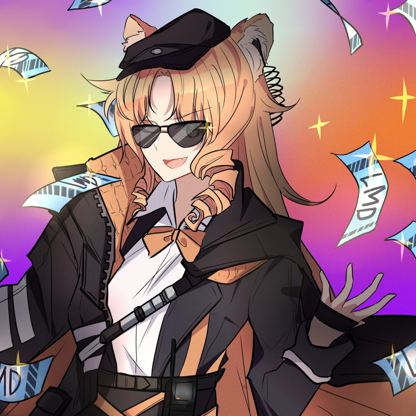 1girl ;d animal_ear_fluff animal_ears arknights bangs beret black_headwear black_jacket bow bowtie commentary drill_hair drill_locks eyebrows_visible_through_hair hat highres jacket long_hair looking_at_viewer lungmen_dollar money multicolored multicolored_background one_eye_closed open_clothes open_jacket open_mouth orange_bow orange_hair orange_neckwear pokarii_zuu shirt smile solo sparkle sunglasses swire_(arknights) tiger_ears upper_body white_shirt