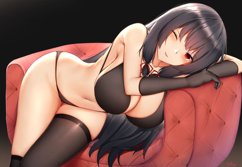 1girl asymmetrical_legwear black_bra black_gloves black_hair black_legwear black_panties bra breasts couch gloves hair_ribbon highres isokaze_(kantai_collection) kantai_collection kitsune_udon_(ai_br) kneehighs large_breasts long_hair navel on_couch one_eye_closed panties red_eyes ribbon single_kneehigh single_thighhigh smirk solo thigh-highs tress_ribbon underwear underwear_only