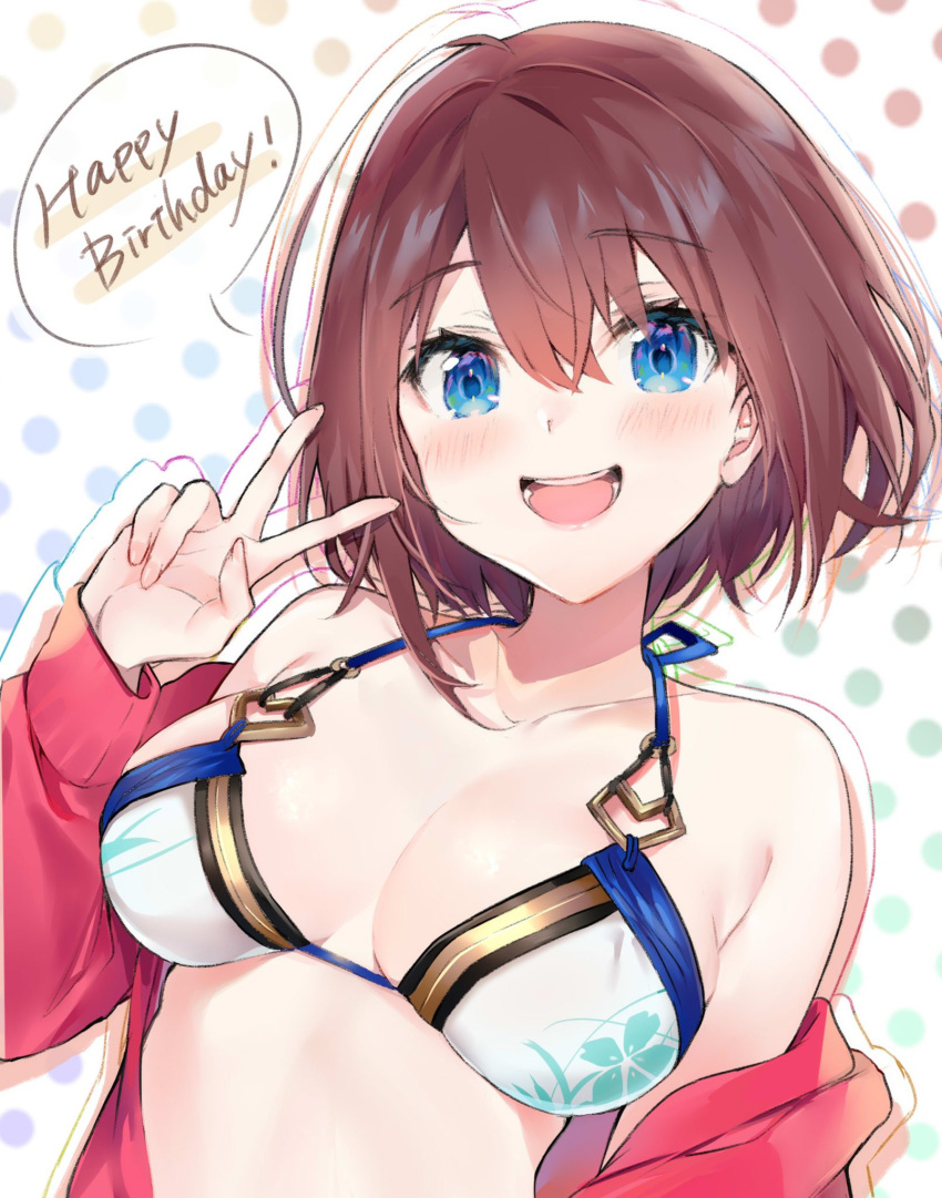 1girl :d bare_shoulders bikini blue_eyes borrowed_character breasts brown_hair collarbone hair_between_eyes halter_top halterneck hand_up happy_birthday highres hitoyo_(baffu) jacket large_breasts looking_at_viewer nanakagura off_shoulder open_clothes open_jacket open_mouth original polka_dot polka_dot_background red_jacket short_hair smile solo speech_bubble swimsuit upper_body v white_bikini