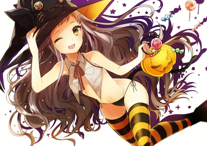 1girl :3 :d absurdres bag bare_arms bare_shoulders big_hair black_headwear breasts brown_hair candy fang fingernails food halloween_costume hand_on_headwear hat highres holding jack-o'-lantern long_hair looking_at_viewer navel neck_ribbon one_eye_closed open_mouth orange_legwear original panties red_neckwear red_ribbon revealing_clothes ribbon side-tie_panties simple_background small_breasts smile sogawa solo striped striped_legwear thigh-highs underwear very_long_hair white_background witch_hat