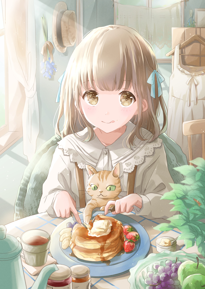 1girl :q absurdres animal_on_lap apple banana_slice bangs breakfast brown_eyes butter cat cat_on_lap chair clothes_hanger cup curtains day flower food fork fruit grapes hair_ribbon hat hat_removed headwear_removed highres holding holding_fork holding_knife hoshiibara_mato indoors jam jar knife light_brown_hair long_sleeves looking_at_viewer medium_hair nightgown original pancake plate ribbon shirt sitting smile solo straw_hat strawberry sunlight suspenders syrup table tablecloth teapot tongue tongue_out white_shirt wicker_furniture window
