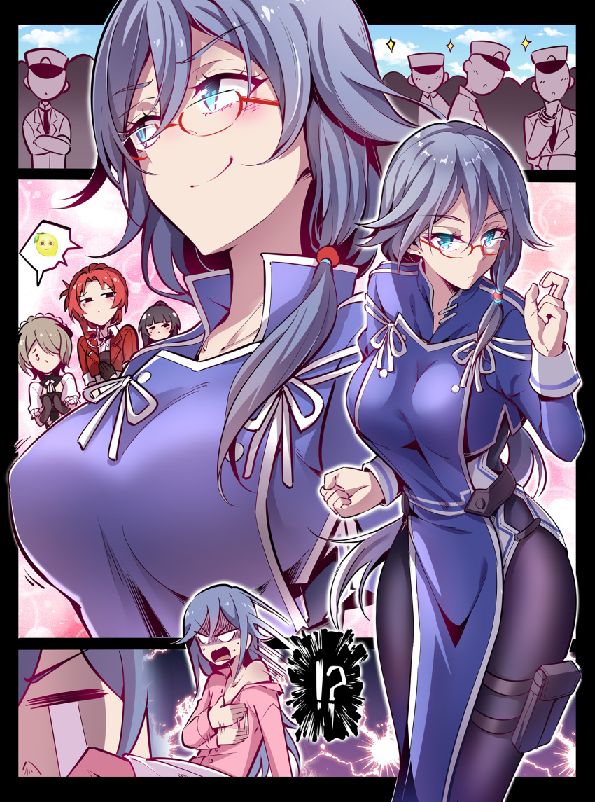 !? 4boys alternate_breast_size blue_eyes blush breasts captain_(honkai_impact) chinese_clothes commentary commentary_request dreaming faceless faceless_male fu_hua glasses grey_hair highres hirakuneko honkai_(series) honkai_impact_3rd jealous long_hair multiple_boys murata_himeko pajamas pantyhose raiden_mei redhead rita_rossweisse smirk tears thigh_pouch