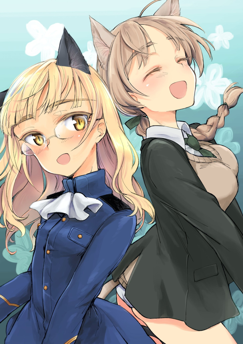 2girls animal_ears aohashi_ame blonde_hair blush braid braided_ponytail breasts brown_hair cat_ears closed_eyes eyebrows_visible_through_hair floral_background glasses green_neckwear highres large_breasts long_hair lynette_bishop multiple_girls neckerchief necktie open_mouth perrine_h_clostermann ponytail shiny shiny_hair shiny_skin simple_background small_breasts smile strike_witches tail white_neckwear world_witches_series yellow_eyes