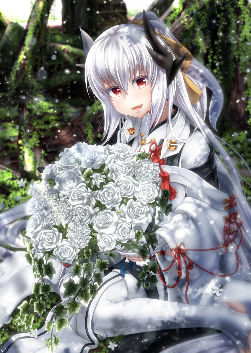 1girl absurdres alternate_costume bouquet dragon_girl dragon_horns fate/grand_order fate_(series) flower gloves grey_hair highres horns japanese_clothes kimono kiyohime_(fate/grand_order) long_hair multiple_horns outdoors partly_fingerless_gloves red_eyes sitting solo thigh-highs totororo wariza white_flower white_gloves white_legwear wide_sleeves