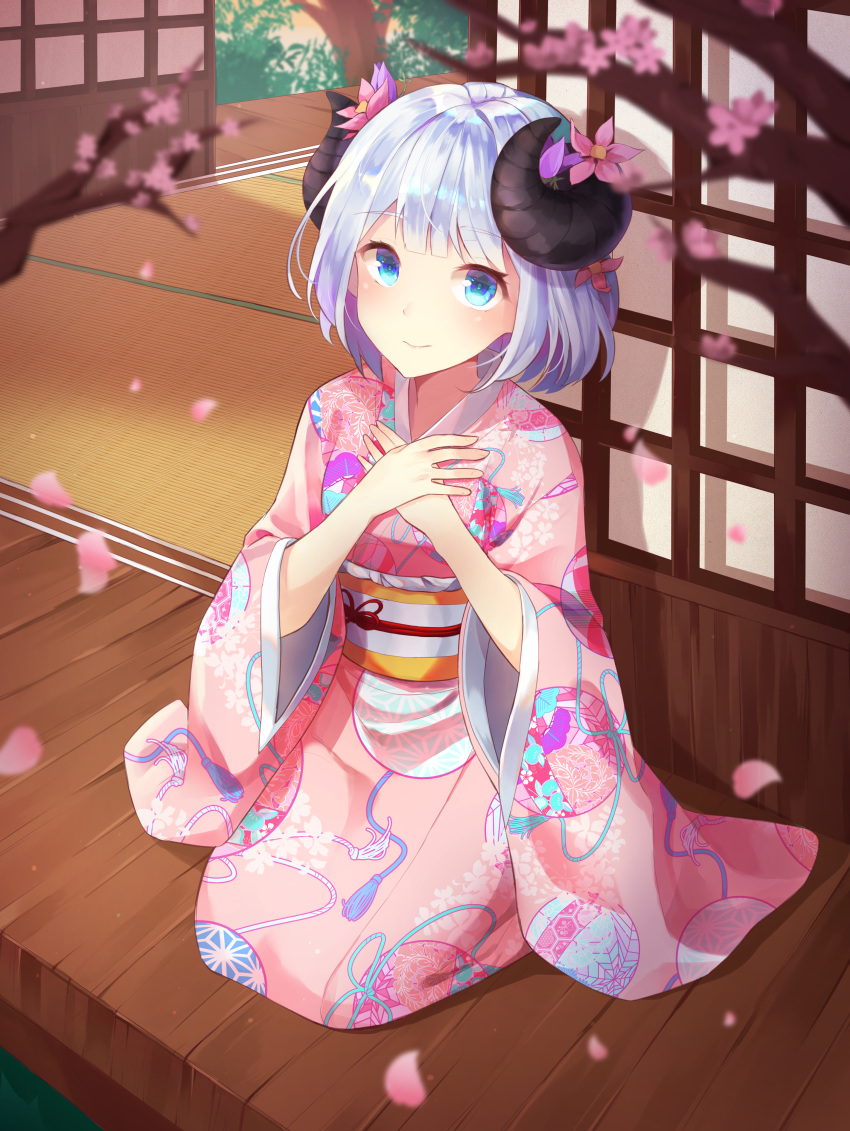 1girl absurdres bangs blush breasts cherry_blossoms commentary_request flower highres horns japanese_clothes kimono kneeling long_sleeves original outdoors pink_kimono sheep_girl small_breasts smile solo tree white_hair wide_sleeves yeoru