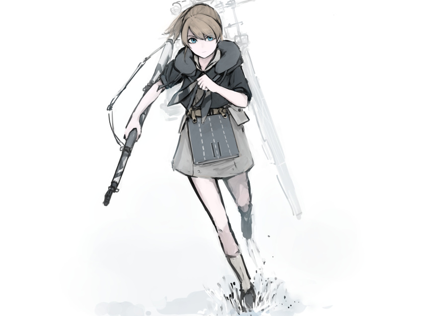 1girl absurdres beige_skirt belt blue_eyes brown_hair collared_jacket cropped_jacket flight_deck full_body gun highres holding holding_weapon intrepid_(kantai_collection) kantai_collection looking_at_viewer miniskirt neck_pillow neckerchief ponytail rampart1028 rifle rigging running short_hair short_sleeves simple_background skirt solo weapon white_background
