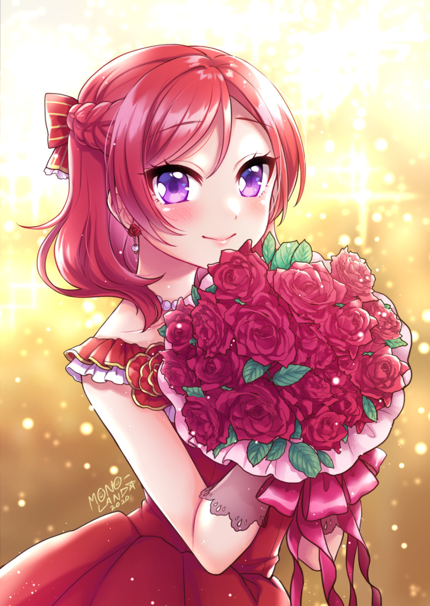 1girl 2020 bangs blush bouquet bow braid closed_mouth commentary_request dress eyebrows_visible_through_hair flower hair_between_eyes hair_bow highres holding holding_bouquet long_hair love_live! love_live!_school_idol_project mono_land nishikino_maki pleated_dress red_bow red_flower red_rose redhead rose signature smile solo sparkle_background striped striped_bow swept_bangs violet_eyes