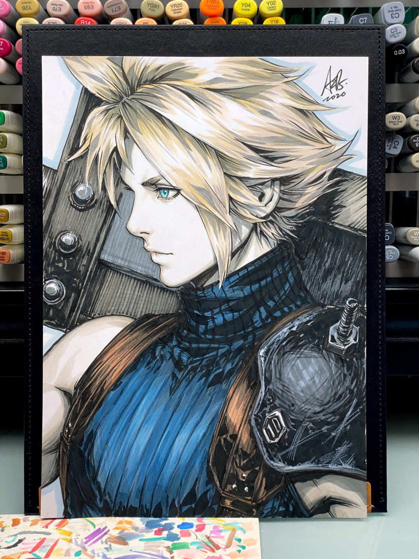1boy bare_shoulders blonde_hair blue_eyes buster_sword close-up closed_mouth cloud_strife face final_fantasy final_fantasy_vii final_fantasy_vii_remake from_side highres holding holding_sword holding_weapon marker_(medium) over_shoulder ribbed_shirt shirt shoulder_armor signature sleeveless sleeveless_shirt spiky_hair stanley_lau suspenders sword sword_over_shoulder traditional_media turtleneck weapon weapon_over_shoulder