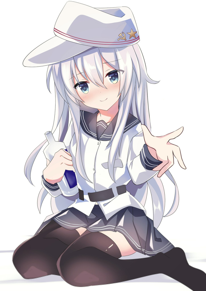 1girl alcohol black_legwear black_sailor_collar black_skirt blue_eyes bottle commentary_request drunk fathom flat_cap hammer_and_sickle hat hibiki_(kantai_collection) highres kantai_collection long_hair long_sleeves looking_at_viewer pleated_skirt sailor_collar school_uniform serafuku silver_hair simple_background skirt solo thigh-highs verniy_(kantai_collection) vodka white_background white_headwear