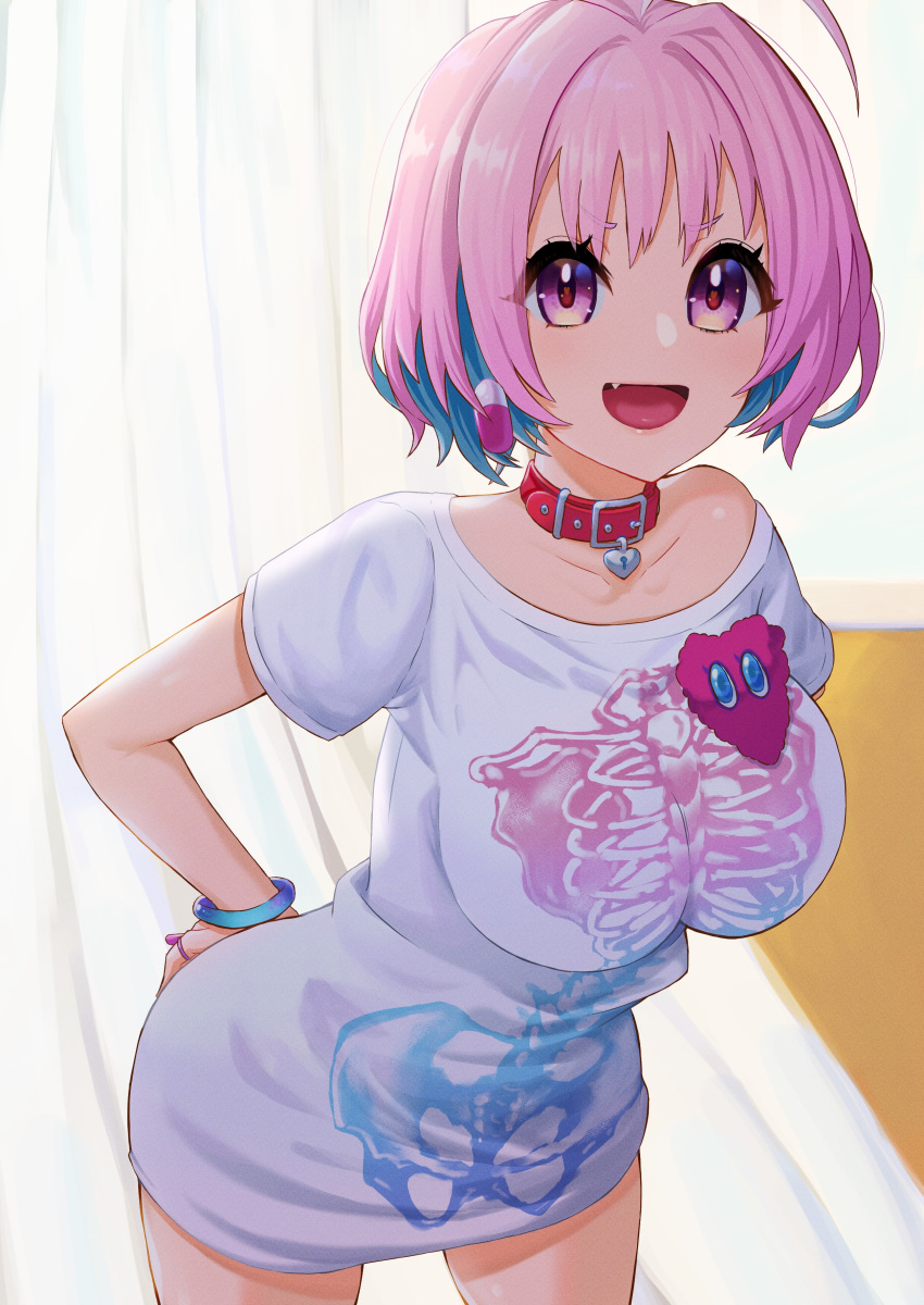 1girl :d absurdres ahoge blue_hair blush bracelet breasts collar collarbone cowboy_shot curtains fang hand_on_hip heart-shaped_lock highres idolmaster idolmaster_cinderella_girls impossible_clothes impossible_shirt jewelry large_breasts leaning_forward looking_at_viewer multicolored_hair open_mouth pill_earrings pink_hair print_shirt rerere shirt short_hair short_sleeves skeleton_print smile solo two-tone_hair v-shaped_eyebrows violet_eyes white_shirt yumemi_riamu
