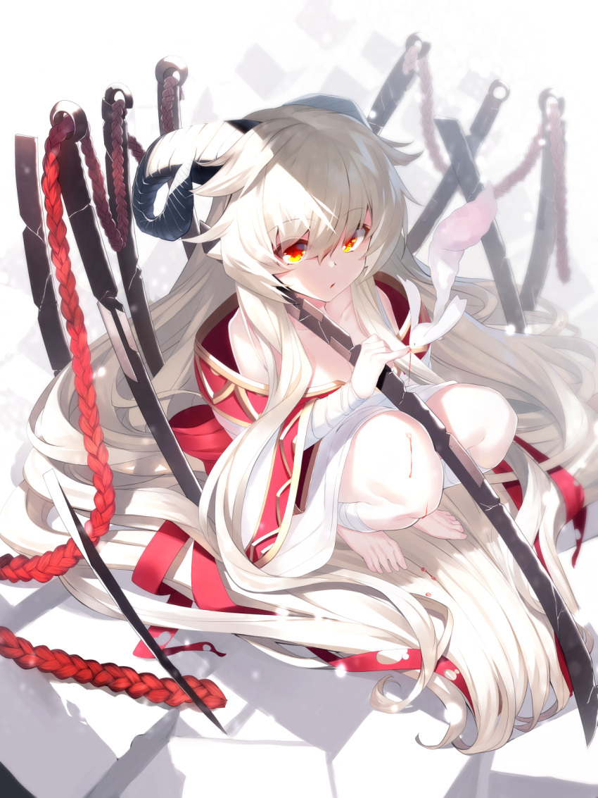 1girl absurdly_long_hair animal bandaged_arm bandaged_leg bandages bangs bare_shoulders barefoot bird blood blood_drip closed_mouth collarbone commentary_request curled_horns eyebrows_visible_through_hair full_body grey_background grey_hair hair_between_eyes highres horns knees_up long_hair looking_at_viewer off_shoulder original red_eyes robe solo squatting very_long_hair white_robe yuuji_(yukimimi)