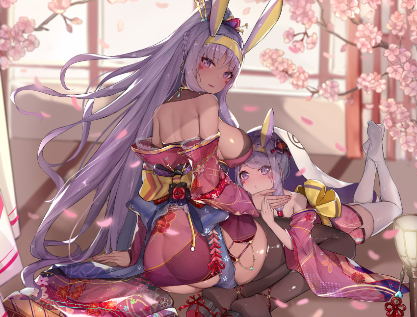 2girls absurdres animal_ears ass back bangs bare_shoulders black_legwear blush braid breasts cherry_blossoms dark_skin dual_persona earrings egyptian facepaint facial_mark fate/grand_order fate_(series) floral_print french_braid hair_tubes headband high_ponytail highres hoop_earrings jackal_ears japanese_clothes jewelry kimono large_breasts long_hair long_sleeves looking_at_viewer looking_back low-tied_long_hair multiple_girls nitocris_(fate/grand_order) obi off_shoulder open_mouth purple_hair purple_kimono sash sherryqq sidelocks thigh-highs thighs violet_eyes white_legwear wide_sleeves younger