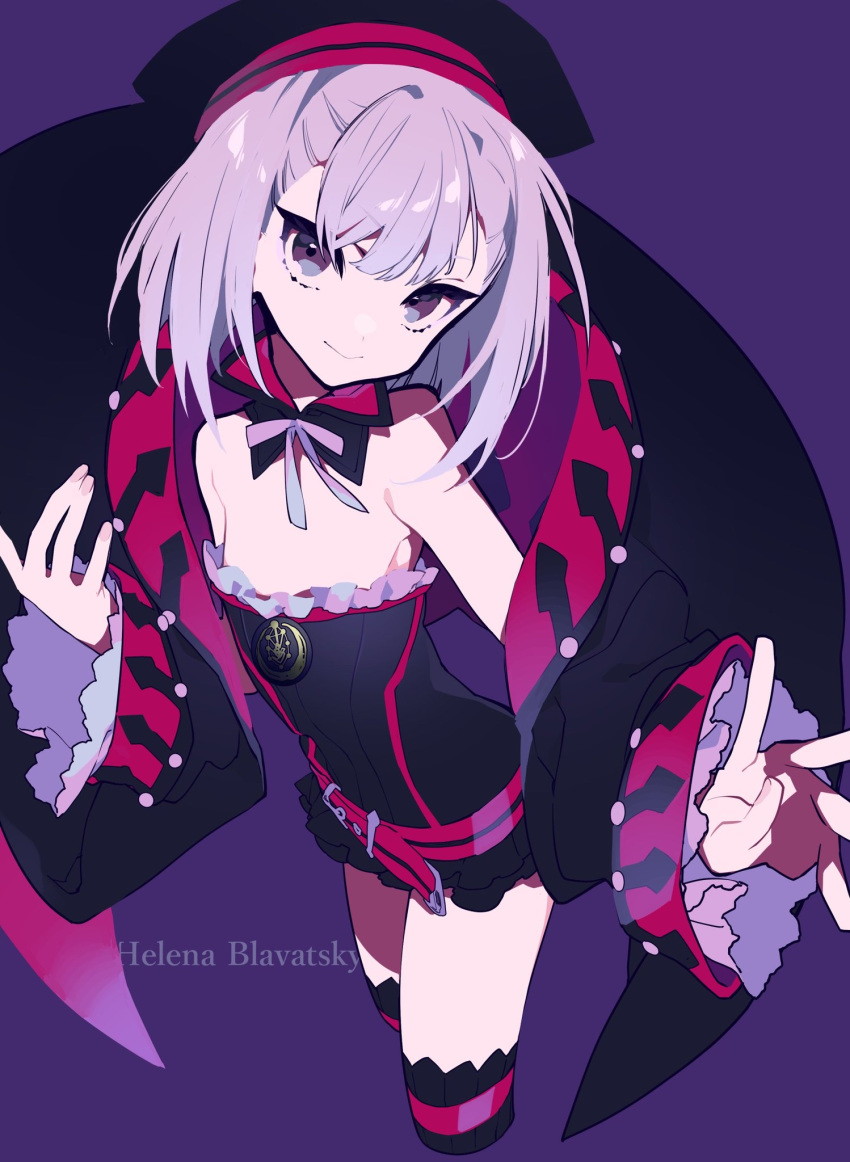 1girl bangs bare_shoulders black_coat black_headwear breasts coat detached_collar dress fate/grand_order fate_(series) helena_blavatsky_(fate/grand_order) highres long_sleeves looking_at_viewer mochizuki_kei open_clothes open_coat purple_hair short_hair simple_background small_breasts smile solo strapless strapless_dress violet_eyes