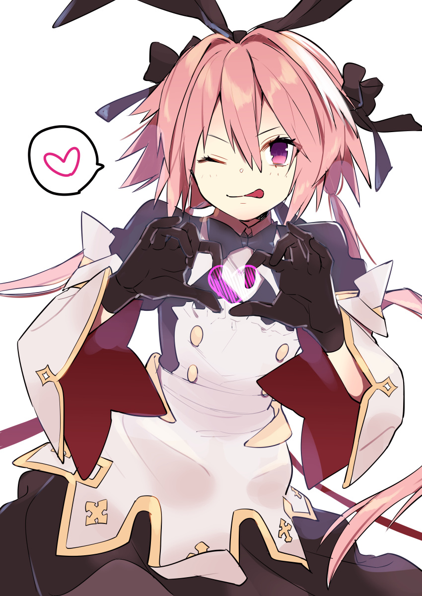 1boy ;p absurdres astolfo_(fate) astolfo_(saber)_(fate) black_gloves black_headwear black_neckwear bow commentary fate/apocrypha fate/grand_order fate_(series) gloves gold_trim hair_bow heart heart_hands highres long_hair low_twintails male_focus multicolored_hair omucchan_(omutyuan) one_eye_closed otoko_no_ko pink_hair solo spoken_heart tongue tongue_out twintails violet_eyes white_hair
