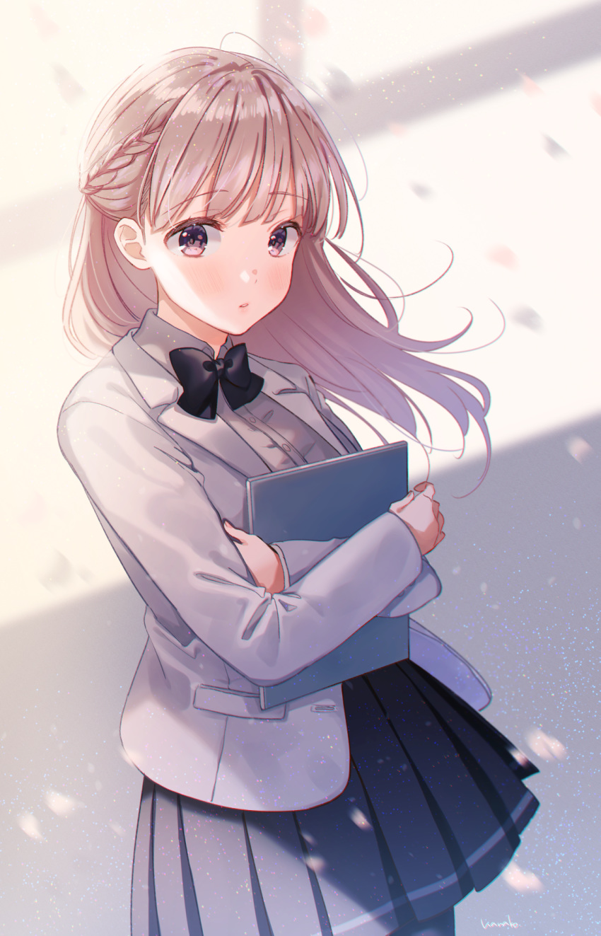 1girl artist_name bangs black_bow blazer blonde_hair blush bow bowtie braid brown_hair collared_shirt commentary crossed_arms eyebrows_visible_through_hair floating_hair french_braid grey_blazer grey_shirt grey_skirt hair_between_eyes hanako151 highres holding_notepad jacket light_particles long_hair looking_at_viewer notepad original pleated_skirt shirt skirt solo swept_bangs symbol_commentary