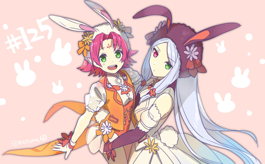 2girls absurdres animal_ears bunny_tail closed_mouth fae_(fire_emblem) fake_animal_ears fake_tail fire_emblem fire_emblem:_the_binding_blade fire_emblem_heroes from_side gloves green_eyes heterochromia highres idunn_(fire_emblem) juria0801 long_hair multiple_girls open_mouth pointy_ears purple_hair rabbit_ears red_eyes short_hair tail twitter_username white_gloves