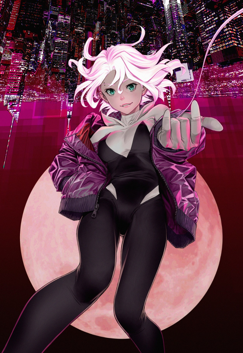 1girl \m/ bodysuit city eyebrow_piercing gwen_stacy highres hood hood_down jacket komi_shin'ya marvel moon parted_lips piercing short_hair silk smile solo spider-gwen spider-man:_into_the_spider-verse spider-man_(series) spider_web spider_web_print thigh_gap upside-down