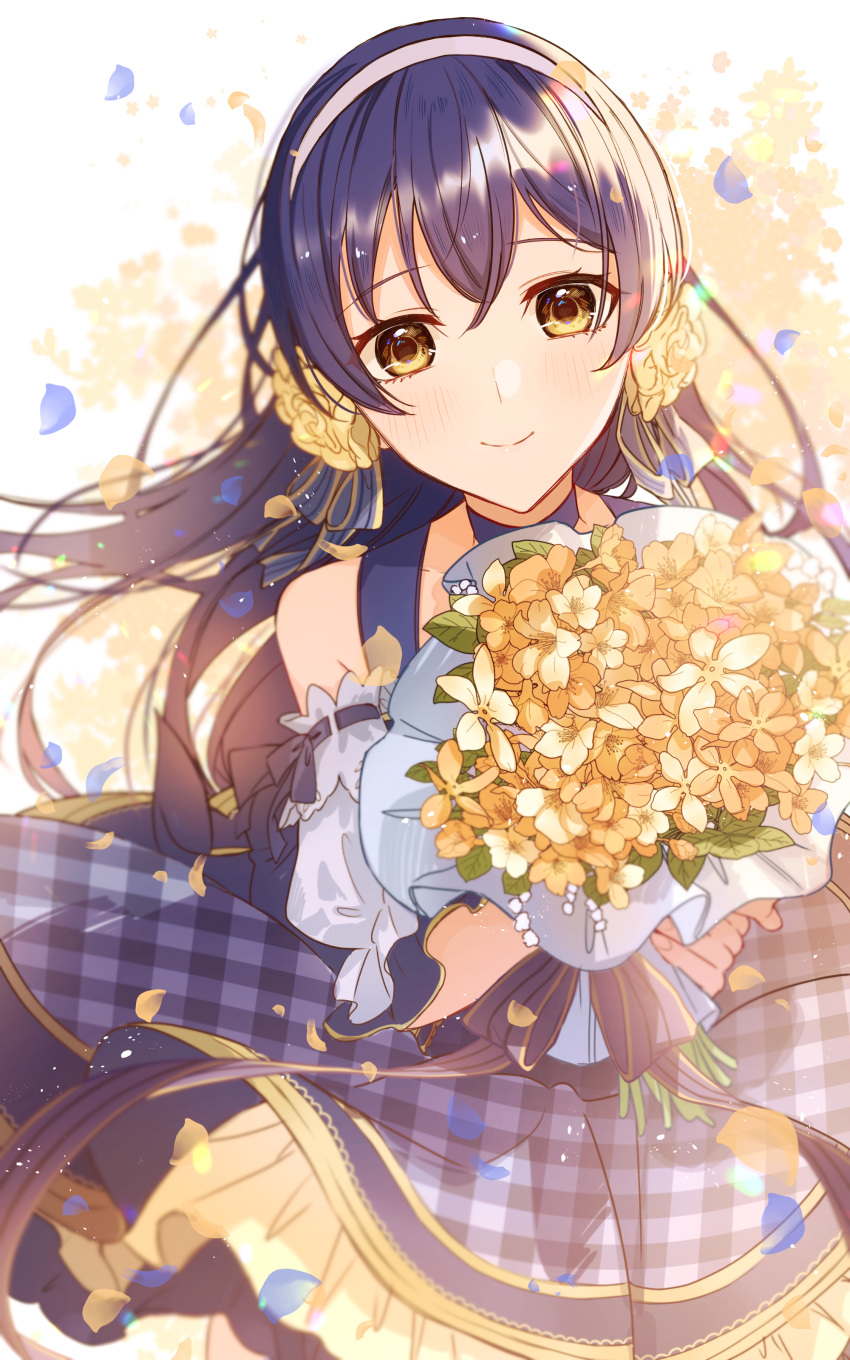 1girl absurdres bangs black_dress black_hair black_ribbon bouquet choker closed_mouth detached_sleeves dress eyebrows_visible_through_hair flower hair_ornament hair_scrunchie hairband highres holding holding_bouquet long_hair looking_at_viewer love_live! love_live!_school_idol_project petals plaid plaid_dress ribbon scrunchie smile solo sonoda_umi wasa_(pixiv29582664) white_hairband yellow_eyes yellow_flower