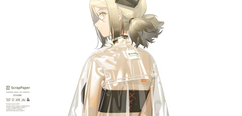 1girl arknights bandeau breasts commentary_request from_behind horns ifrit_(arknights) jacket looking_at_viewer looking_back low_twintails norizc orange_eyes platinum_blonde_hair profile see-through short_hair sidelocks simple_background small_breasts solo strapless tubetop twintails upper_body white_background