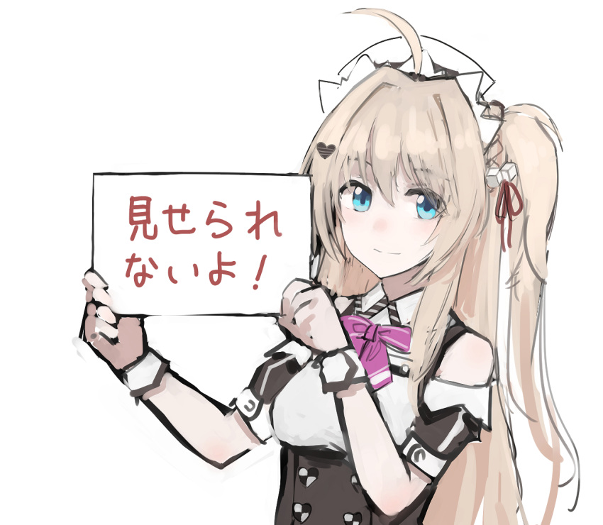 1girl ahoge blonde_hair blue_eyes buttons closed_mouth girls_frontline hair_ornament hanyang_type_88_(girls_frontline) heart holding holding_sign long_hair looking_at_viewer maid_headdress one_side_up pink_neckwear rampart1028 ribbon shoulder_cutout sign simple_background solo translation_request underbust upper_body white_background wrist_cuffs