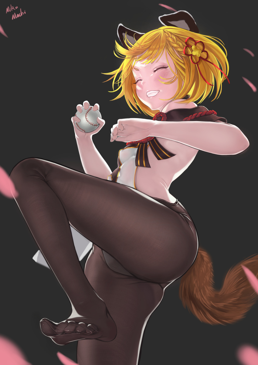 1girl absurdres animal_ears baseball black_legwear blonde_hair closed_eyes dog dog_ears dog_girl dog_tail erune feet granblue_fantasy highres monkey_ears pantyhose pelvic_curtain puppy rope shimenawa short_hair sideless_outfit tail vajra_(granblue_fantasy) youximiaomiao