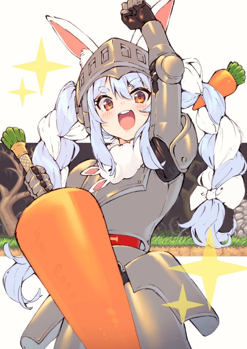 1girl animal_ear_fluff animal_ears arm_up armor bangs blue_hair blush braid carrot_hair_ornament commentary_request crossover eyebrows_visible_through_hair fist_pump food food_themed_hair_ornament gauntlets greaves hair_ornament helmet highres holding holding_food hololive joker_(tomakin524) looking_at_viewer makaimura multicolored_hair open_mouth orange_eyes oversized_food plate_armor rabbit_ears round_teeth smile solo streaked_hair symbol-shaped_pupils teeth thick_eyebrows twintails two-tone_hair upper_teeth usada_pekora virtual_youtuber white_hair