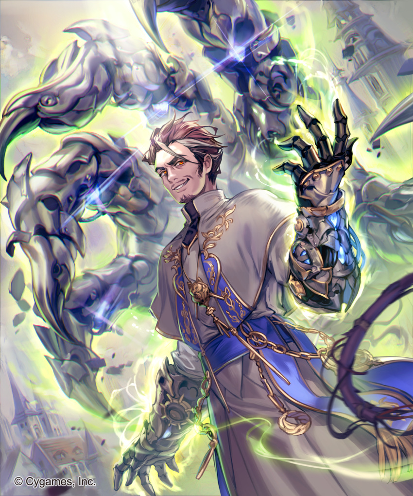 1boy brown_hair facial_hair gauntlets glowing grey_hair highres jewelry lee_hyeseung male_focus multicolored_hair necklace official_art priest red_eyes robe sash shadowverse smile solo streaked_hair