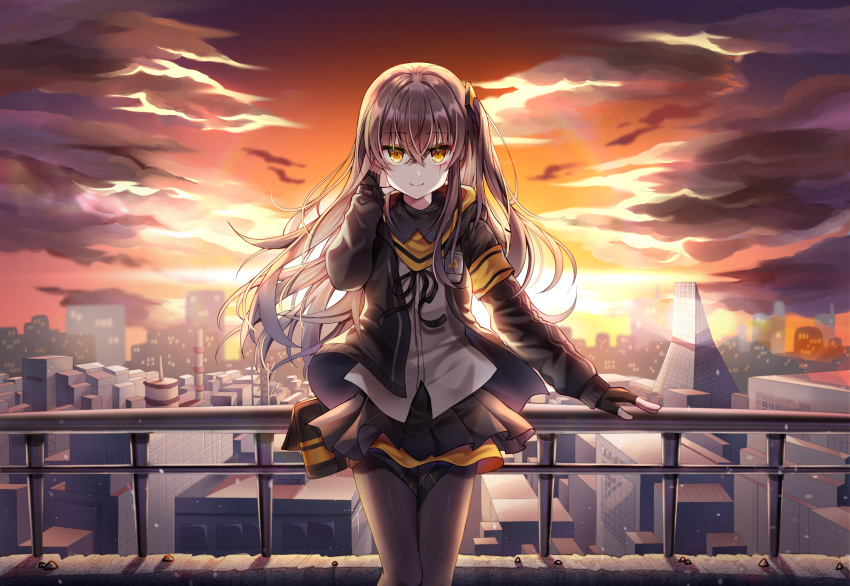 absurdres black_gloves black_skirt brown_eyes brown_hair clming clouds cloudy_sky commentary dusk english_commentary eyebrows_visible_through_hair fingerless_gloves girls_frontline gloves hair_between_eyes highres jacket leaning_on_rail long_hair long_sleeves looking_at_viewer one_side_up open_clothes open_jacket pantyhose pleated_skirt scar scar_across_eye shirt skirt sky skyline smile ump45_(girls_frontline) white_shirt yellow_eyes