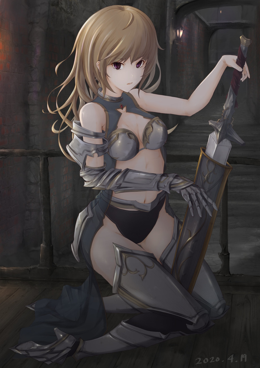 1girl absurdres armor bikini_armor blonde_hair bloodborne brick_walla city dark dark_souls highres night outdoors souls_(from_software) sword violet_eyes weapon