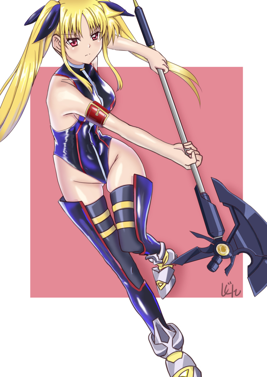 1girl absurdres bardiche black_legwear black_leotard blonde_hair breasts fate_testarossa highleg highleg_leotard highres holding holding_weapon izumino_yousei leotard long_hair looking_at_viewer lyrical_nanoha mahou_shoujo_lyrical_nanoha medium_breasts red_eyes shiny shiny_hair shiny_skin solo thigh-highs twintails weapon white_background