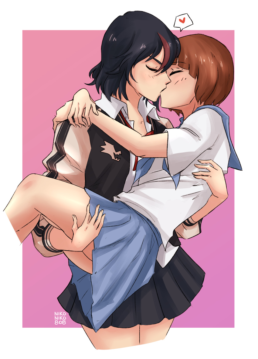 2girls absurdres carrying closed_eyes heart highres kill_la_kill kiss mankanshoku_mako matoi_ryuuko multiple_girls nikoniko808 princess_carry school_uniform serafuku short_hair spoken_heart yuri