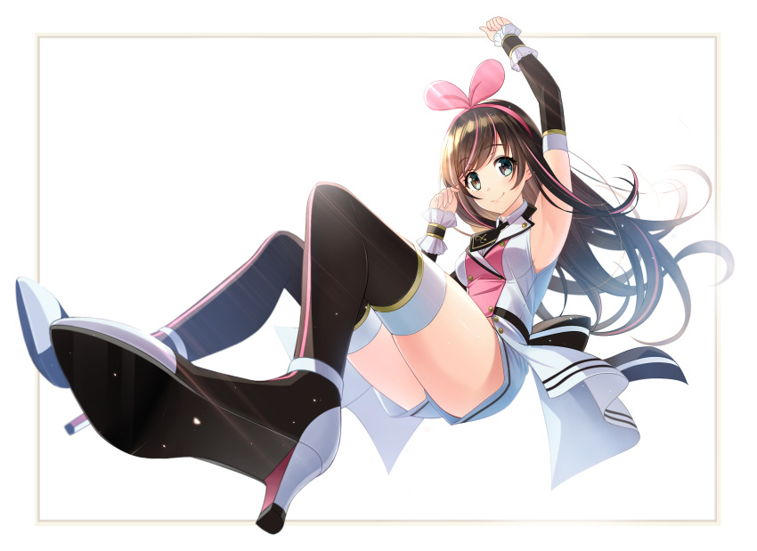 1girl a.i._channel armpits arms_up boots bow breasts brown_eyes brown_hair detached_sleeves high_heel_boots high_heels highres kizuna_ai long_hair looking_at_viewer nyanmaru pink_bow small_breasts smile solo thigh-highs thigh_boots thighs virtual_youtuber white_background