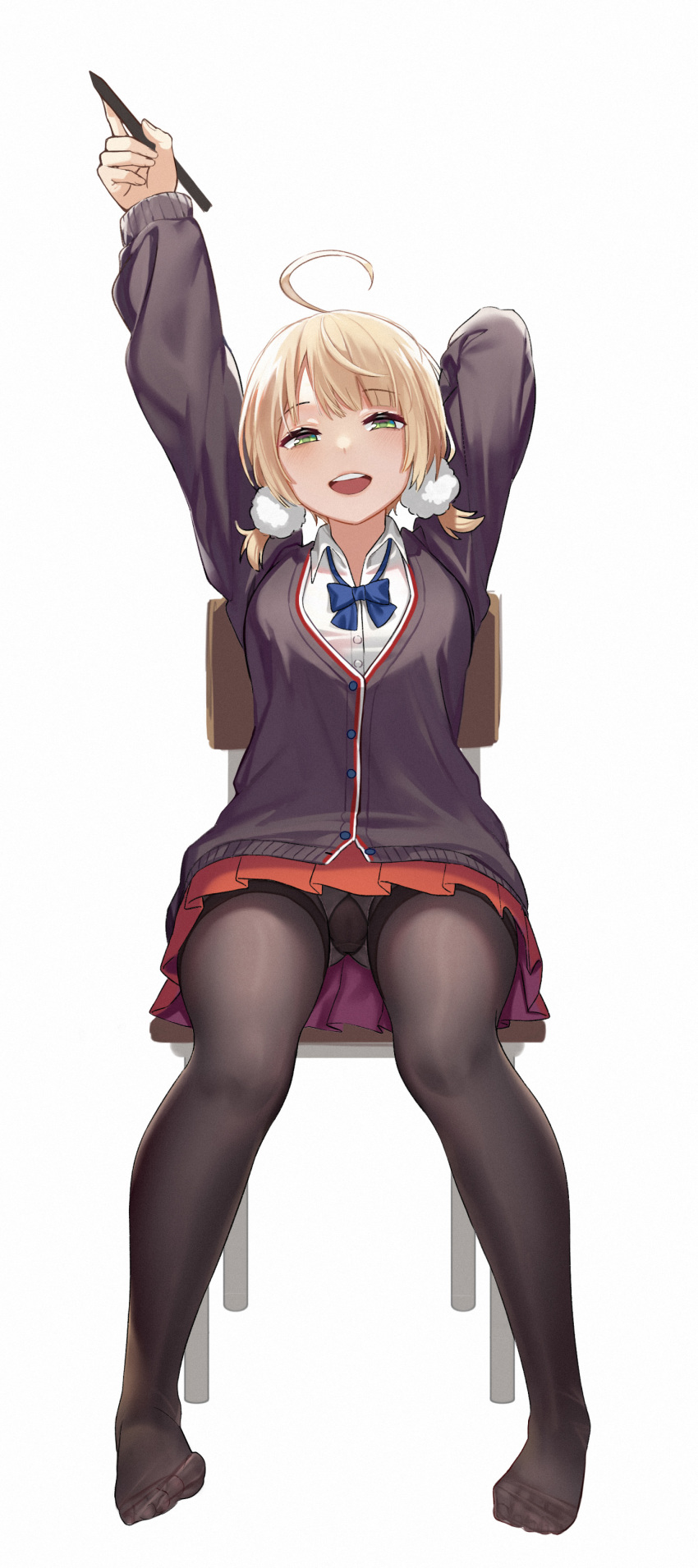 1girl :d absurdres ahoge arms_up bangs black_cardigan black_legwear blonde_hair blue_bow blue_neckwear bow bowtie chair collared_shirt eyebrows_visible_through_hair full_body green_eyes gusset hair_pom_pom highres holding holding_pen long_sleeves looking_at_viewer low_twintails miniskirt open_mouth panties panties_under_pantyhose pantyhose pantyshot pen pleated_skirt red_skirt round_teeth shigure_ui_(channel) shigure_ui_(vtuber) shirt short_twintails shoutai_(7490773) simple_background sitting skirt smile solo teeth twintails underwear upper_teeth virtual_youtuber white_background white_panties white_shirt