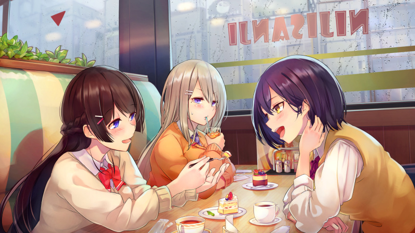 3girls :d blue_eyes blush booth bow bowtie braid brat brown_hair brown_sweater cafe cake cardigan closed_mouth coffee collared_shirt commentary_request copyright_name couch cup dessert drinking_glass drinking_straw feeding food fork grey_hair hair_down hair_ornament hair_tucking hairclip half_updo highres higuchi_kaede holding holding_cup holding_fork indoors leaning_forward long_hair long_sleeves mirror_writing multiple_girls necktie nijisanji on_couch open_mouth orange_cardigan purple_hair purple_neckwear rain red_neckwear saucer school_uniform shirt shizuka_rin sitting slice_of_cake smile sweat sweater sweater_vest table tea teacup tsukino_mito very_long_hair violet_eyes virtual_youtuber water_drop white_shirt window yellow_eyes