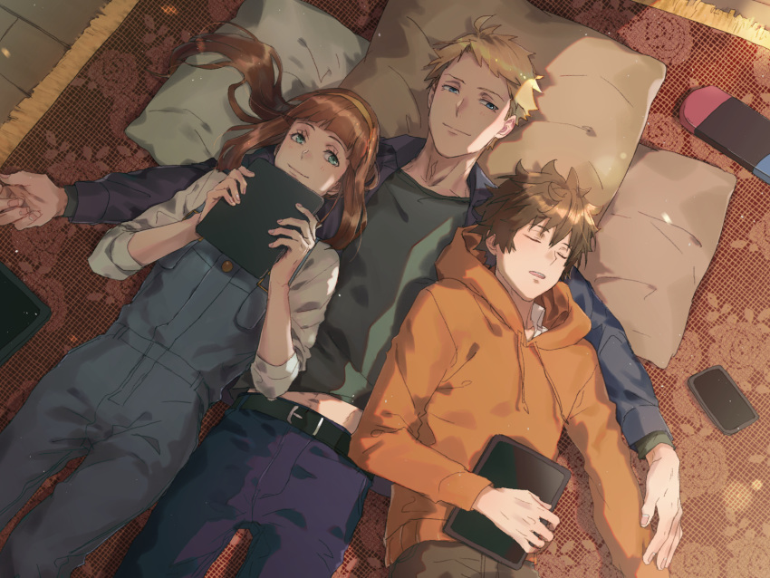 1girl 2boys belt blonde_hair brown_hair closed_eyes closed_mouth green_eyes hairband handheld_game_console highres holding_tablet_pc kei_mikhail_ignatov kome_kako long_hair lying lying_on_person maiko_maya_stronskaya multiple_boys nintendo_switch open_mouth pillow psycho-pass shindou_arata short_hair sleeping sleeping_on_person smile tablet_pc younger