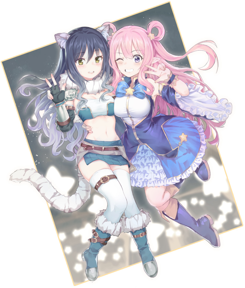2girls absurdres animal_ears bandeau bare_shoulders black_gloves black_hair blue_skirt boots breasts detached_sleeves dress elbow_gloves fingerless_gloves floating_hair frilled_dress frills fur_collar gloves gold_trim gradient_hair grin hair_rings hand_up highres kashiwazaki_hatsune kashiwazaki_shiori large_breasts leg_belt long_hair looking_at_viewer midriff miniskirt mochirong multicolored_hair multiple_girls navel one_eye_closed open_mouth pink_hair princess_connect! princess_connect!_re:dive skirt smile stomach tail thigh-highs tiger_ears tiger_tail violet_eyes w white_legwear wide_sleeves yellow_eyes zettai_ryouiki