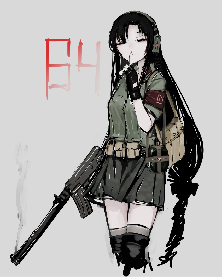 1girl absurdres armband beige_background belt_pouch black_gloves black_hair black_legwear black_skirt canteen collared_shirt feet_out_of_frame finger_to_mouth fingerless_gloves girls_frontline gloves green_shirt gun half-closed_eyes headset highres holding holding_weapon long_hair looking_at_viewer miniskirt pouch rampart1028 red_eyes shirt shushing simple_background skirt smoke smoking_gun solo submachine_gun thigh-highs type_64_(girls_frontline) very_long_hair weapon