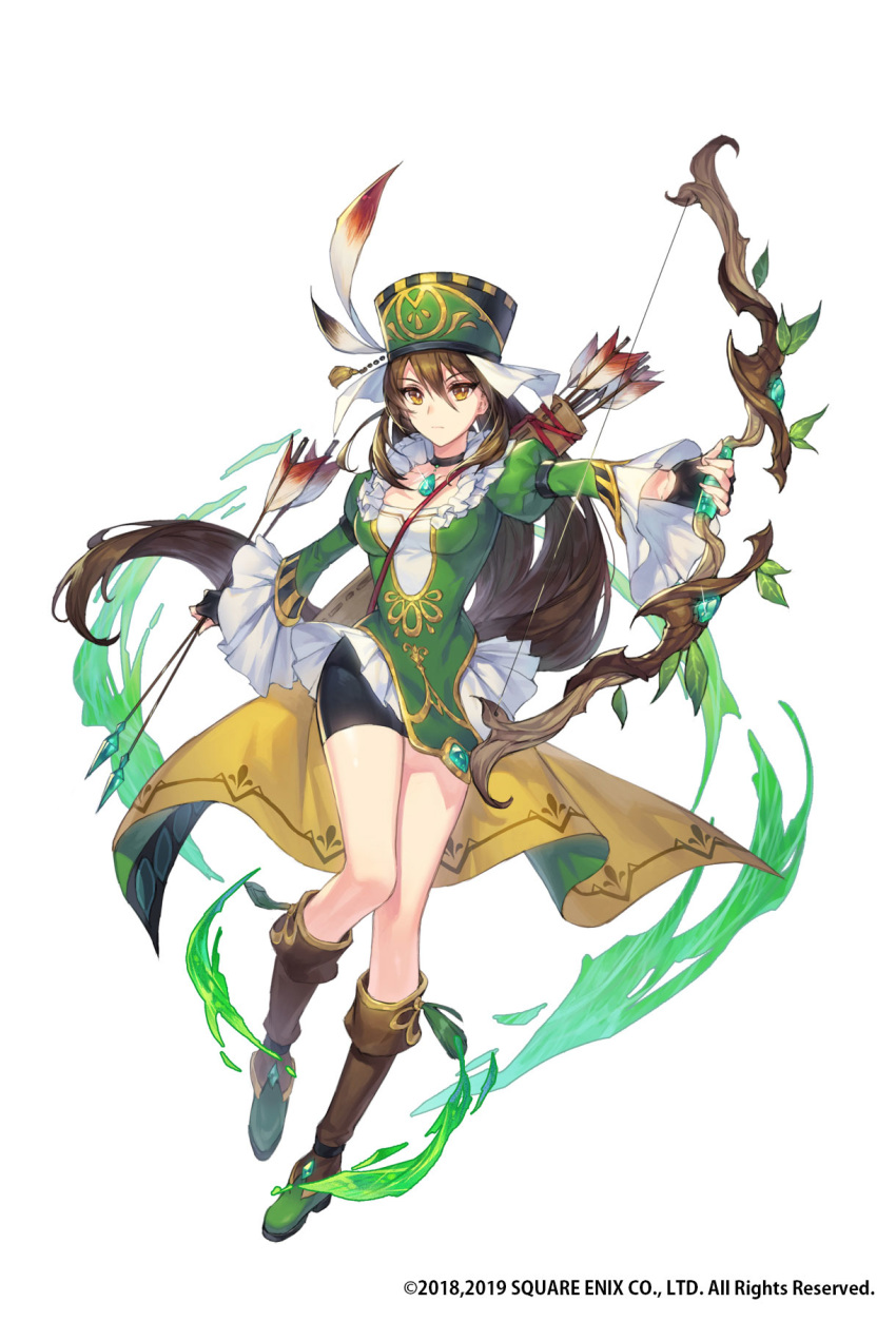 1girl arrow bangs black_gloves black_shorts boots bow_(weapon) breasts brown_eyes brown_footwear brown_hair claudia_(saga) closed_mouth collarbone commentary_request company_name eyebrows_visible_through_hair feathers fingerless_gloves frills full_body gem gloves hat highres holding holding_bow_(weapon) holding_weapon jewelry knee_boots long_hair long_sleeves looking_at_viewer medium_breasts official_art puffy_sleeves quiver romancing_saga romancing_saga_re;universe saga shiny shiny_skin shorts simple_background soriya weapon wide_sleeves