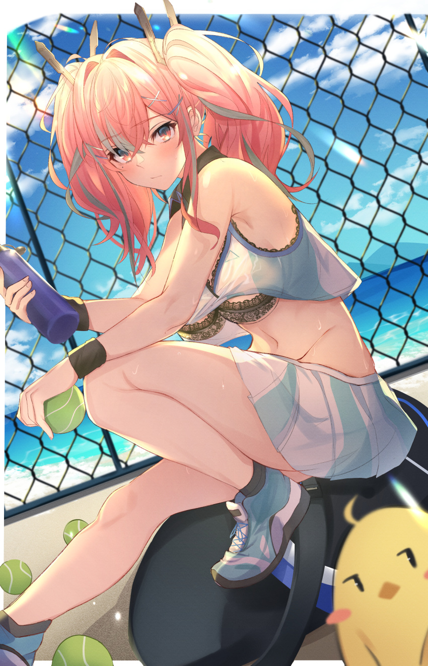 1girl absurdres armpits azur_lane bag ball bare_arms bare_legs bare_shoulders bird black_bra black_legwear blue_sky blurry blurry_background blurry_foreground bottle bra bremerton_(azur_lane) bremerton_(scorching-hot_training)_(azur_lane) chain-link_fence chick clouds crop_top crop_top_overhang day depth_of_field fence groin hair_between_eyes hair_ornament hairclip highres holding holding_ball holding_bottle long_hair looking_at_viewer manjuu_(azur_lane) midriff miniskirt mole mole_under_eye multicolored_hair navel outdoors pink_eyes pink_hair pleated_skirt shirt shoes sitting skirt sky sleeveless sleeveless_shirt sneakers socks solo sportswear streaked_hair sweatband tennis_ball tennis_uniform thighs twintails two-tone_hair underwear white_skirt x_hair_ornament yanggang
