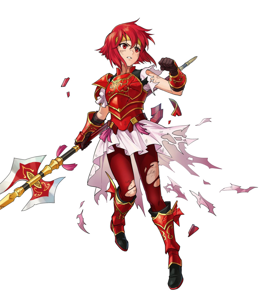 1girl armor armored_boots bangs boots fire_emblem fire_emblem:_mystery_of_the_emblem fire_emblem_heroes full_body highres holding holding_weapon indesign minerva_(fire_emblem) official_art polearm red_footwear redhead short_hair skirt spear transparent_background weapon younger