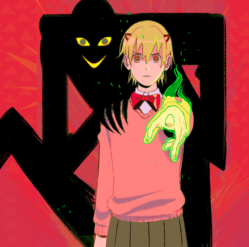 1boy 1girl absurdres blonde_hair bow brown_eyes closed_mouth copyright_request fingernails green_eyes hair_between_eyes hand_on_shoulder highres looking_at_viewer monster patterned patterned_background pointing red_bow red_neckwear sarakipin shadow short_hair skirt smile yellow_sclera